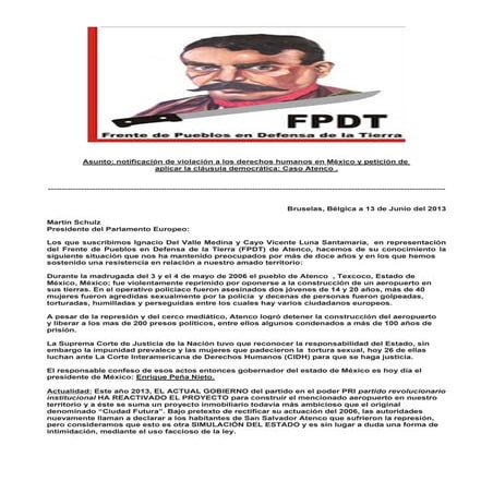 Carta del FPDT al Parlamento Europeo