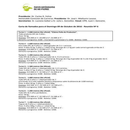 Carta de llamados reunion nº 6  09 de octubre de 2016