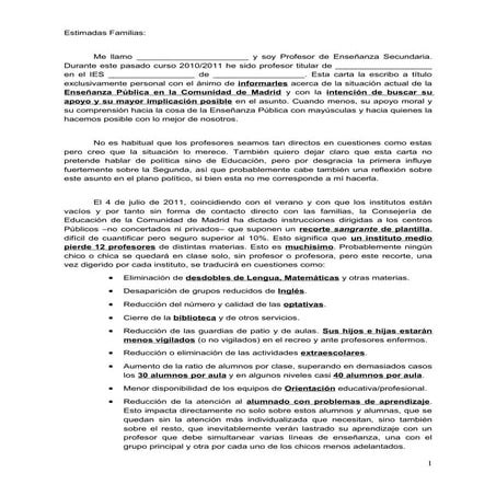 Carta  de los docentes a  los padres