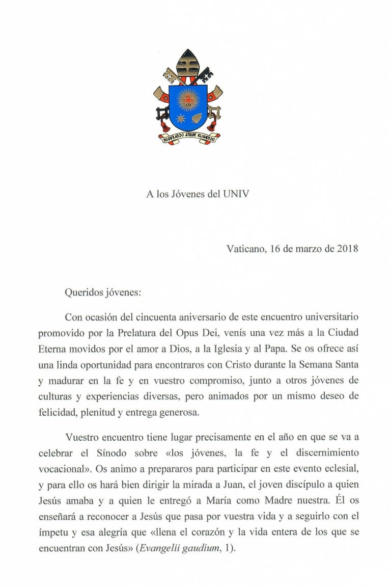 Carta del Papa Francisco a los jóvenes del UNIV