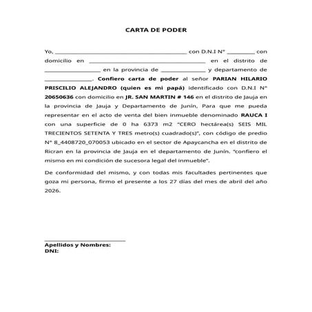 Carta de Poder para Representación en Venta de Inmueble en Junín | DOCX