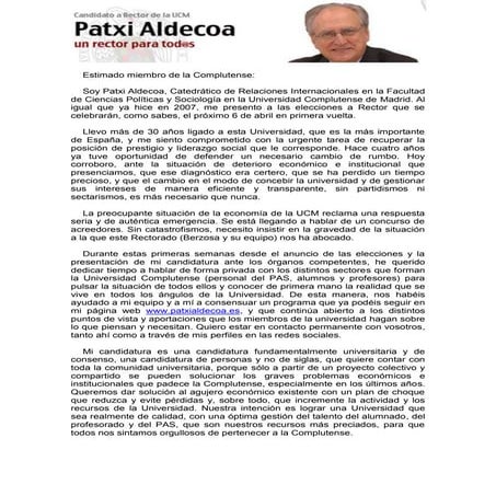 Carta de presentación del candidato a rector de la URJC David Ríos ...