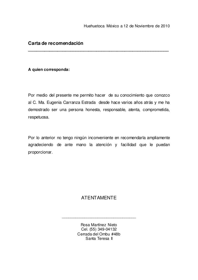 carta de recomendacion ejemplo carta de recomendacion