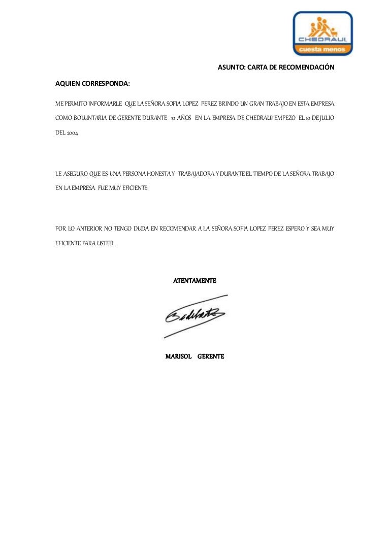 carta de recomendaciones de trabajo