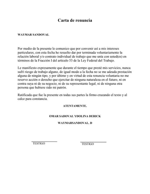 Modelo Carta De Renuncia Consejo De Administracion