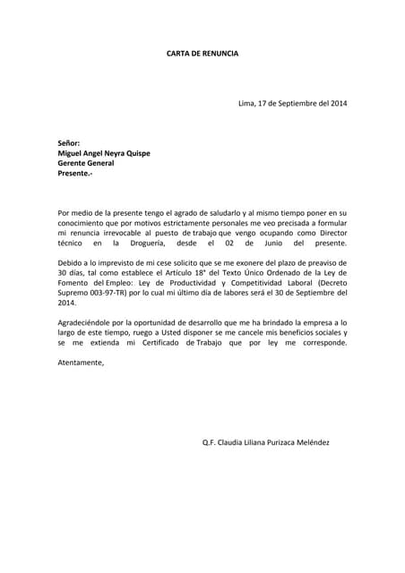 Carta de renuncia.