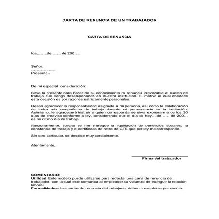 Carta de renuncia de un trabajador