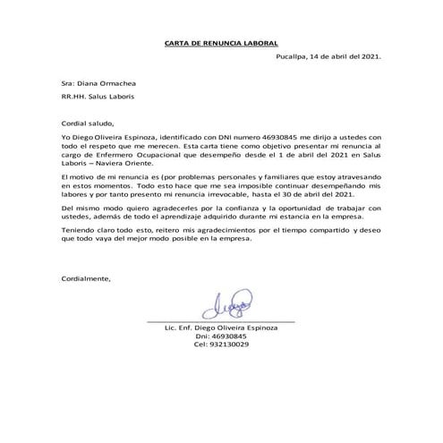 MODELO Carta de renuncia laboral