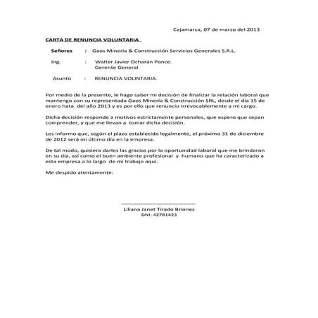 Carta de renuncia voluntaria