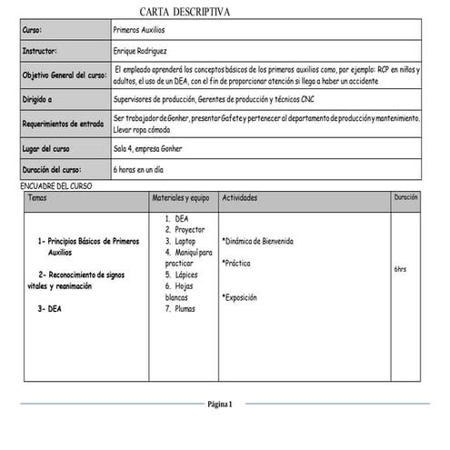 Ejemplo de carta descriptiva curso Dirección Empresarial