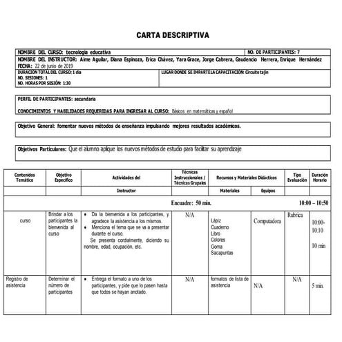 Programa de capacitación (Carta descriptiva)