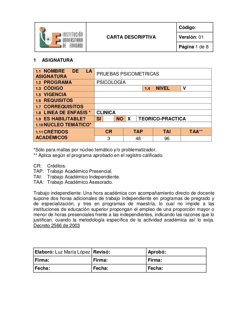 Carta descriptiva pruebas psicometricas 2012 Carta descriptiva pruebas psicometricas 2012