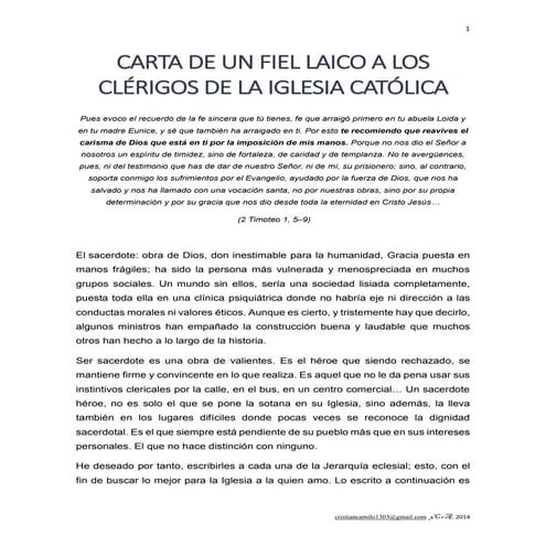 Carta de un fiel laico a los clérigos de la iglesia católica. Autor: Cristian...