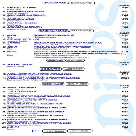 Carta Dino’s 2013 Español y Catalán
