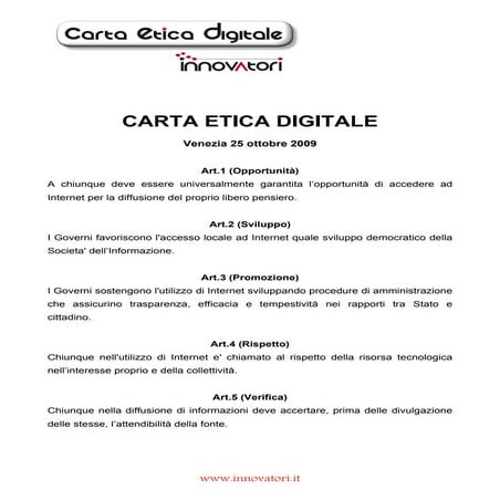 Carta Etica Digitale Approvata 25.10.09 Venezia