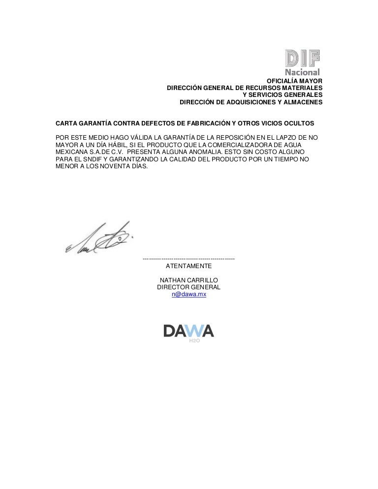 Carta garantia calidad dawa dif