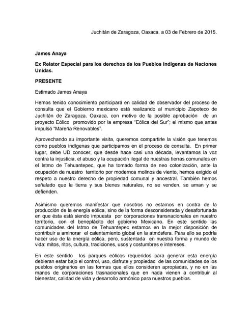 Carta James Anaya consulta juchitan