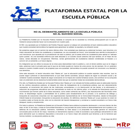 Carta manifiesto plataforma esc. pública apoyo huelga 22 05-2012