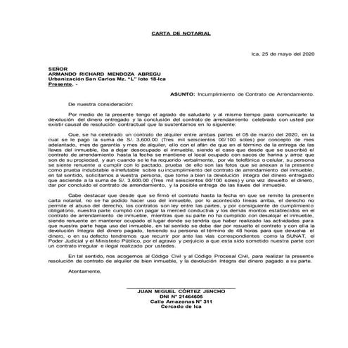 Carta notarial de incumplimiento de contrato de arrendamoento de jimmy sablich