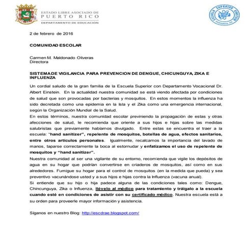 Carta padres vigilancia zika influenza febrero 2016