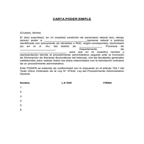 MODELO DE CARTA PODER SIMPLE EN EL PROCEDIMIENTO ADMINISTRATIVO | PDF