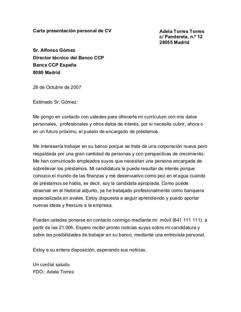 Carta presentación personal de cv