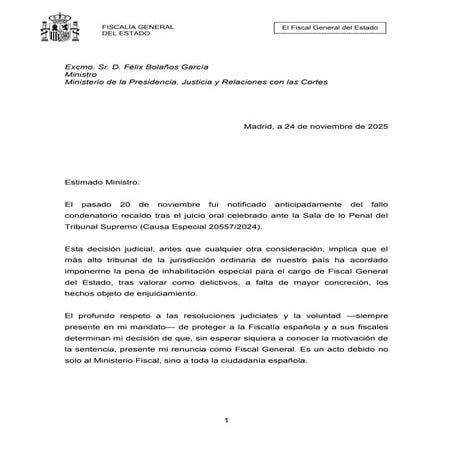 Carta de renuncia del fiscal García Ortiz