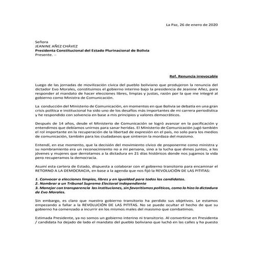 Carta de renuncia de Roxana Lizárraga.