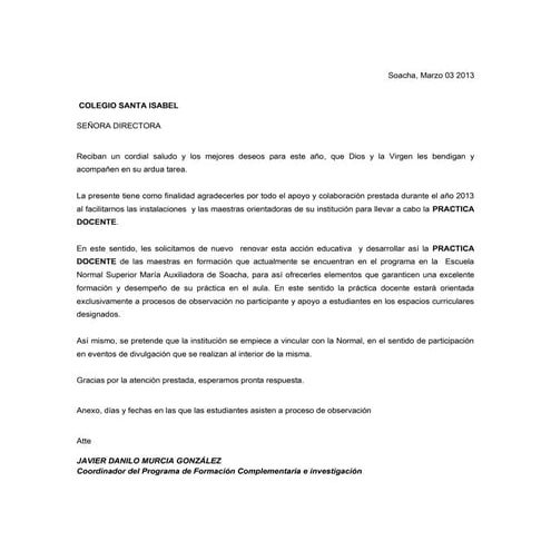 Cartas a colegios de práctica observación