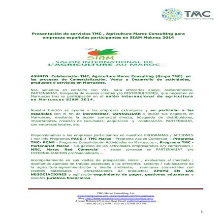 Carta tmc agriculture maroc consulting empresas participantes siam. 00 212 53...