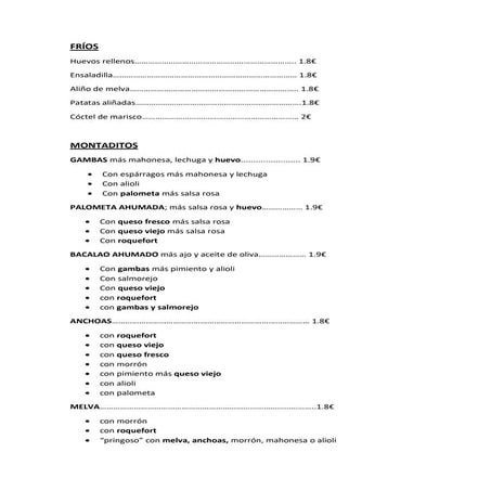 Carta Bar Tu Rincón