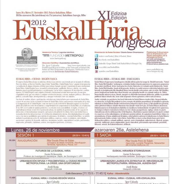 Cartel Oficial Programa Congreso Euskal Hiria / Ciudad Región Vasca 2012 26-27Nov. Bilbao, Euskalduna Jauregia.