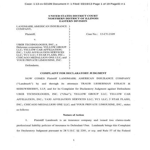 Uber Lawsuit Documents: Case3 landmark-insurance-company-v-uber-and-yellow-cab