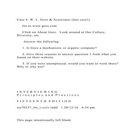 Case 4 W. L. Gore & Associates (last case!).     Go to www.go.docx