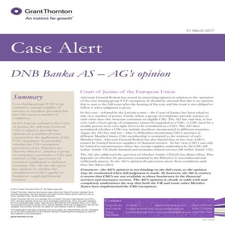 Case Alert - DNB Banka AS - Advocate General's Opinion