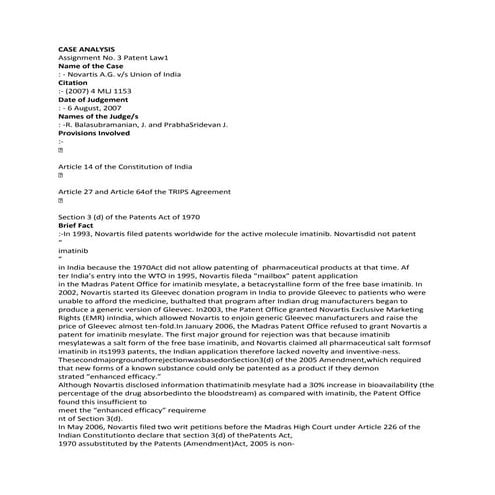 Case analysis novartis vs union of india