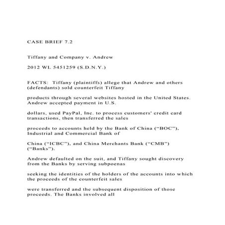 CASE BRIEF 7.2  Tiffany and Company v. Andrew 2012 W.docx