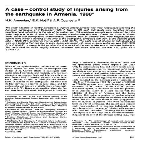 A case-control study of injuries arising from the earthquake in Armenia ...