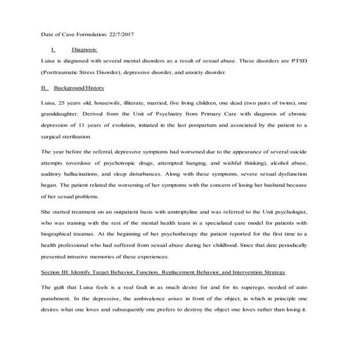 This is a Case Formulation dated 22/7/2017