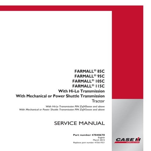 Case ih farmall 95 c tractor with mechanical service repair manual pin ...