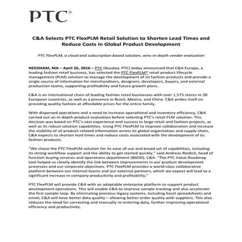 C&A Selects PTC FlexPLM Retail Solution to Shorten Lead Times and Reduce Cost...