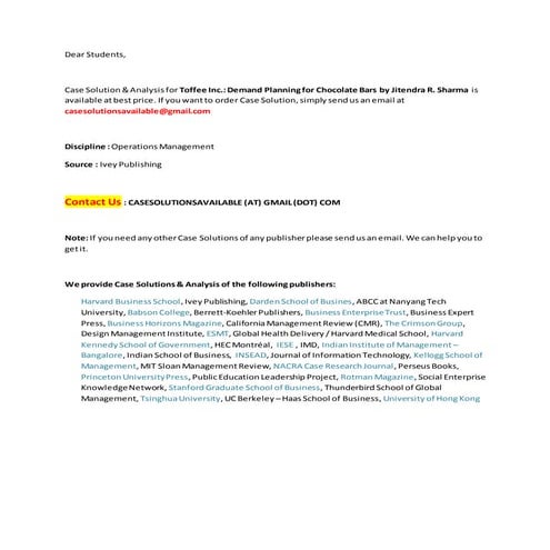 Case Solution for Toffee Inc.: Demand Planning for Chocolate Bars