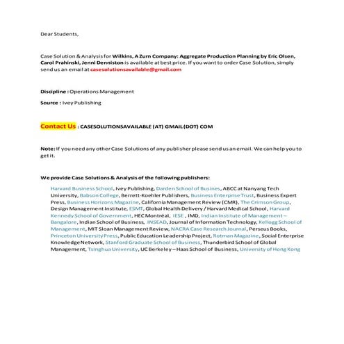 Case Solution for Wilkins, A Zurn Company: Aggregate Production Planning