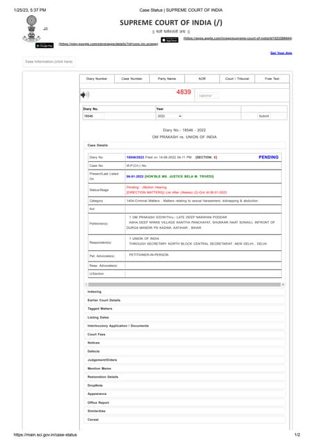 Case Status at SUPREME COURT OF INDIA dated 29 10 2022 pdf Case Status at SUPREME COURT OF INDIA dated 29 10 2022 pdf