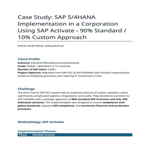 Case Study. SAP S4HANA Implementation in a Corporation with 90-10 ...