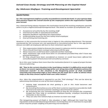 Solved Case Study: Strategy and HR Planning at the CAPITAL HOTEL