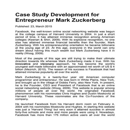 MS Case study development for entrepreneur mark zuckerberg