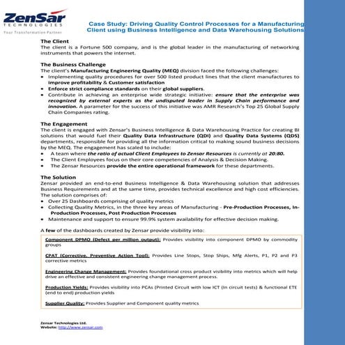 Case Study: Driving Quality Control Processes for a Manufacturing Client using Business Intelligence and Data Warehousing Solutions