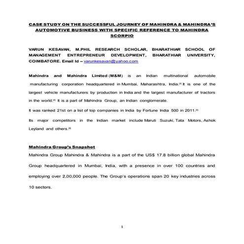 Case Study On The Successful Journey of Mahindra &amp; Mahindra’s Automotive ...