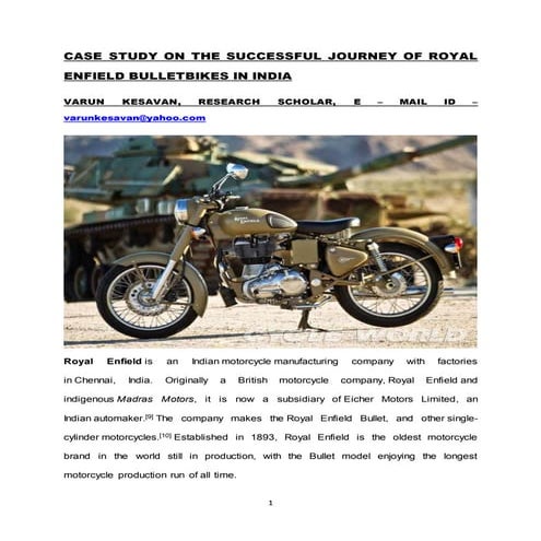 CASE STUDY ON THE SUCCESSFUL JOURNEY OF ROYAL ENFIELD BULLET BIKES IN INDIA